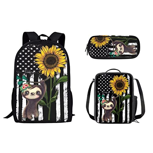 Suhoaziia 3PCS Cute Sloth Sunflower Black White American Flag Girls School Backpack, Student Toddler Bookbag Lunch Bags Shoulder Laptop Bag for Womens Pencil Cases Holders for Adults