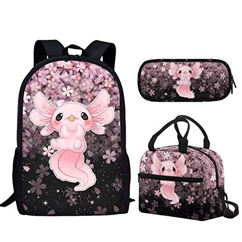 TODIYADDU Pink Salamander Girls School Bag with Water Bottle Pocket Neutral Backpack Reusable Office Satchel Large Capacity Daypack Insulated Tote Lunch Bag Pen Pouch Set of 3