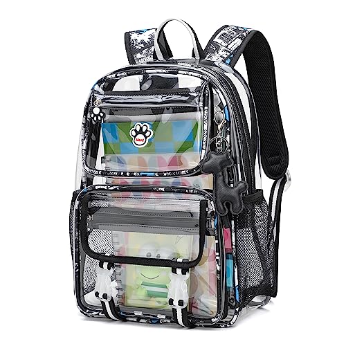 Maod Clear Backpack PVC Clear Bag Stadium Approved Large Boys Backpacks with Free Stickers and A Pendant（Black）