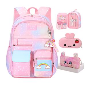 jcobvig kawaii backpack for girls kids,cute student school backpack with pen bag,pink aesthetic starry rainbow laptop travel bag (pink medium 16.5in