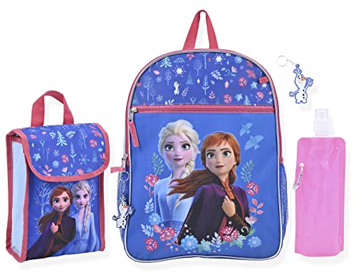 Disney Frozen Girls Backpack for Little Kids | 6 Piece Set Girls Water Bottle Keychains Snack Tote and Knapsack for School