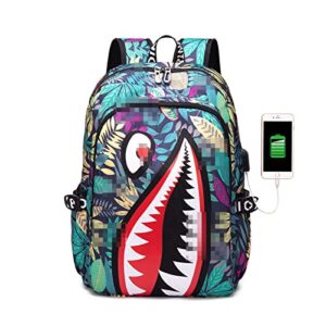 school bag boy school bag laptop backpack with usb portable waterproof (blue foliage)