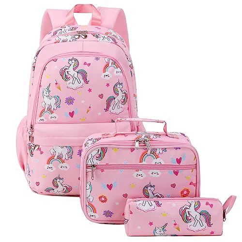 Unineovo Unicorn Girls School Backpack Set 3 in 1, Girls Pink Unicorn Bookbag, Backpack, Lunch Box, and Pencil Case for Elementary School