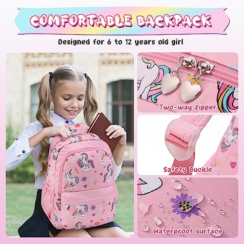 Unineovo Unicorn Girls School Backpack Set 3 in 1, Girls Pink Unicorn Bookbag, Backpack, Lunch Box, and Pencil Case for Elementary School