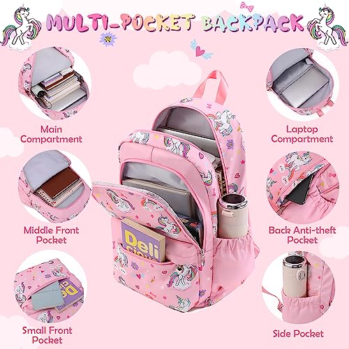 Unineovo Unicorn Girls School Backpack Set 3 in 1, Girls Pink Unicorn Bookbag, Backpack, Lunch Box, and Pencil Case for Elementary School