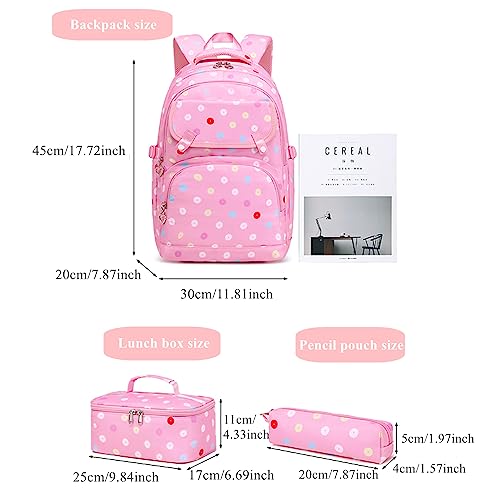Armbq Polka-dot Print Backpacks for Girls with Lunch Box Teenage School Bookbag Set for Elementary Middle 3 Pieces Student Travel Bag