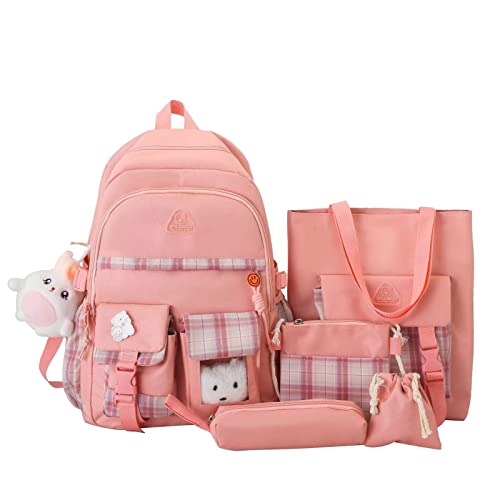 HCOOLE Kawaii Backpack 5Pcs Set with cute plush Pendants & Badge,19 gallon High capacity School Bag Cute Aesthetic Backpack