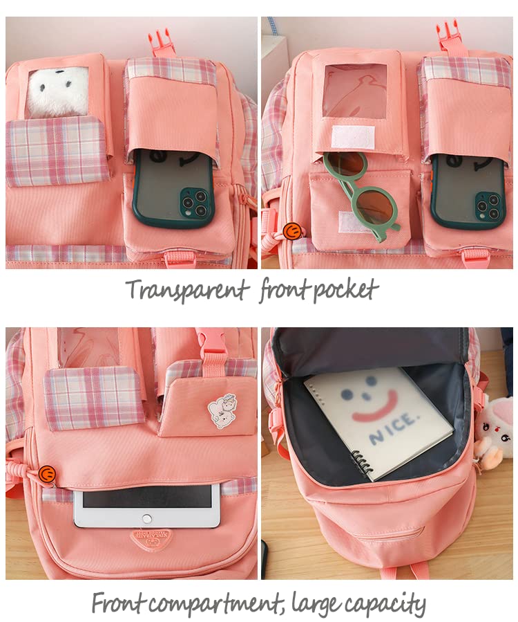 HCOOLE Kawaii Backpack 5Pcs Set with cute plush Pendants & Badge,19 gallon High capacity School Bag Cute Aesthetic Backpack