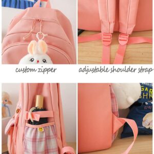 HCOOLE Kawaii Backpack 5Pcs Set with cute plush Pendants & Badge,19 gallon High capacity School Bag Cute Aesthetic Backpack