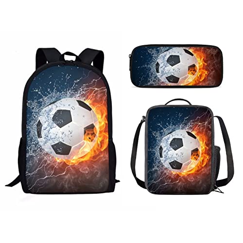 Suhoaziia 3 PCS Football Fire Water Travel Backpack for Women, Little Girls School Bookbag Boys Backpacks for Middle School Student Lunch Box Pencil Case Shoulder Bag Handbags Tote Bag