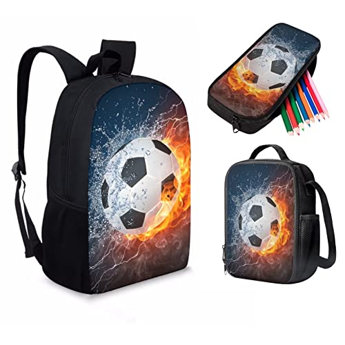 Suhoaziia 3 PCS Football Fire Water Travel Backpack for Women, Little Girls School Bookbag Boys Backpacks for Middle School Student Lunch Box Pencil Case Shoulder Bag Handbags Tote Bag