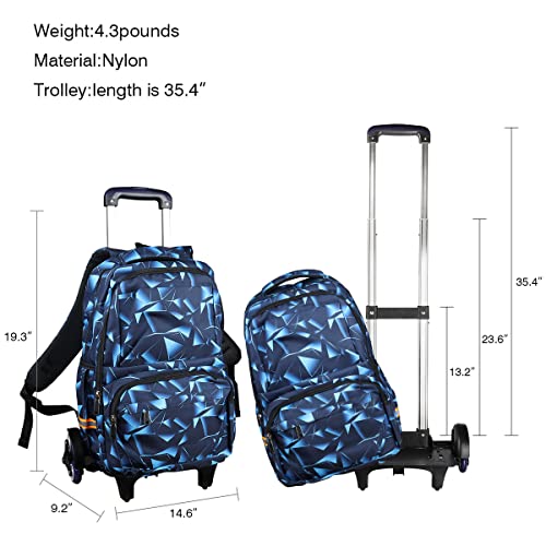 VILINKOU Rolling Backpack with Wheels Trolley Bag Wheeled Backpack for Boy and Girl, Backpack on Wheels for School, Travel (Blue Geometry)