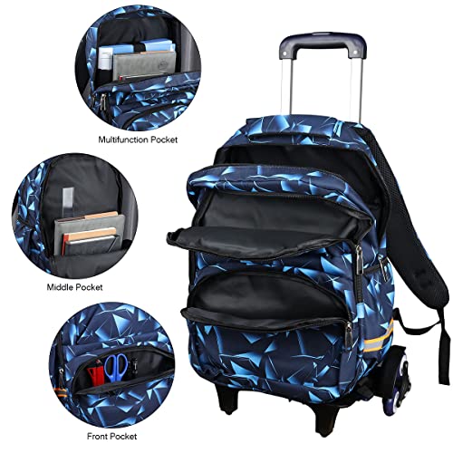 VILINKOU Rolling Backpack with Wheels Trolley Bag Wheeled Backpack for Boy and Girl, Backpack on Wheels for School, Travel (Blue Geometry)