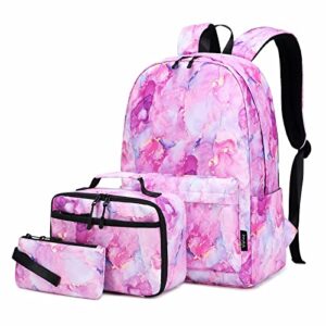 imyth 3pcs colorful backpack sets for teen girls, cute bookbag school daypacks for elementary middle students (marble powder)