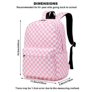 Dezcrab Checkered Backpack for Girls Kids School Bag Teens Women College Bookbag Casual Daypack (Pink)