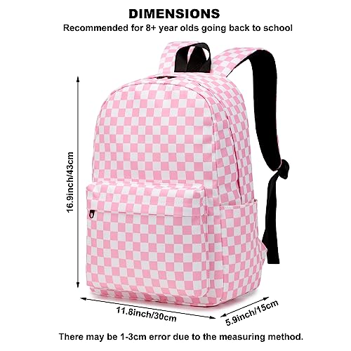 Dezcrab Checkered Backpack for Girls Kids School Bag Teens Women College Bookbag Casual Daypack (Pink)