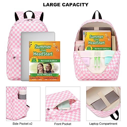 Dezcrab Checkered Backpack for Girls Kids School Bag Teens Women College Bookbag Casual Daypack (Pink)