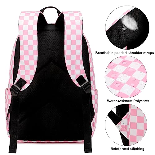 Dezcrab Checkered Backpack for Girls Kids School Bag Teens Women College Bookbag Casual Daypack (Pink)