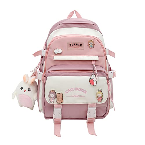 YJMKOI Kawaii Girl backpack with Cute Plush Doll Pendant Cute Elementary Schoolbag,Aesthetic Backpack for Teen Girls (Pink)