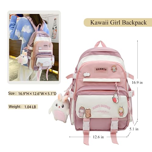 YJMKOI Kawaii Girl backpack with Cute Plush Doll Pendant Cute Elementary Schoolbag,Aesthetic Backpack for Teen Girls (Pink)