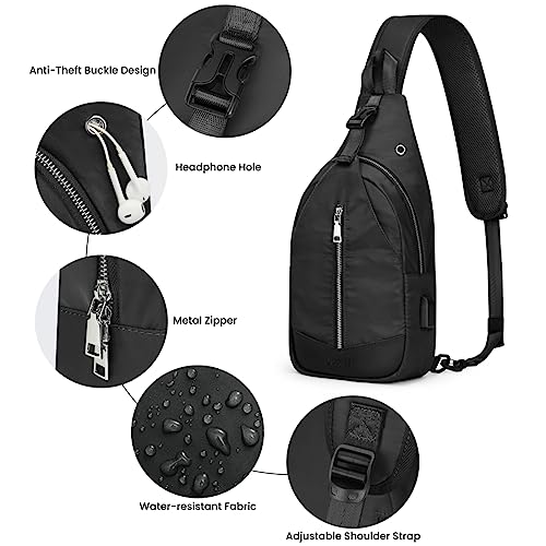 G4Free Sling Bag RFID Blocking Crossbody Sling Backpack Small Shoulder Chest Bag Daypack with Earphone Hole Men Women Hiking Travel(Black)