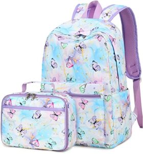 kids backpack for girls butterfly preschool bookbag with lunch box kindergarten school bag set for young elementary students (purple)