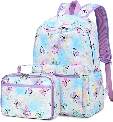 Kids Backpack for Girls Butterfly Preschool Bookbag with Lunch Box Kindergarten School Bag Set for Young Elementary Students (purple)