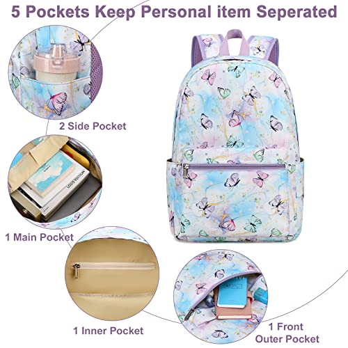 Kids Backpack for Girls Butterfly Preschool Bookbag with Lunch Box Kindergarten School Bag Set for Young Elementary Students (purple)