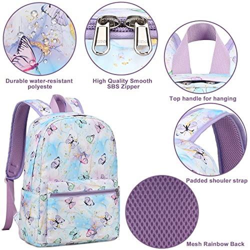 Kids Backpack for Girls Butterfly Preschool Bookbag with Lunch Box Kindergarten School Bag Set for Young Elementary Students (purple)