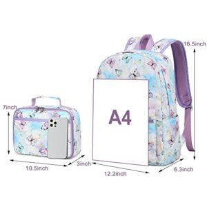 Kids Backpack for Girls Butterfly Preschool Bookbag with Lunch Box Kindergarten School Bag Set for Young Elementary Students (purple)