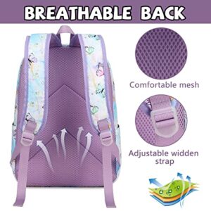 Kids Backpack for Girls Butterfly Preschool Bookbag with Lunch Box Kindergarten School Bag Set for Young Elementary Students (purple)