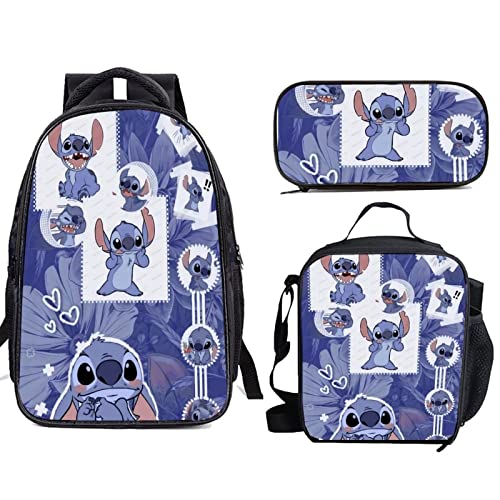 HIGOH Backpack Three-Piece Cartoon School Bag With Pencil Case Lunch Bag, Black