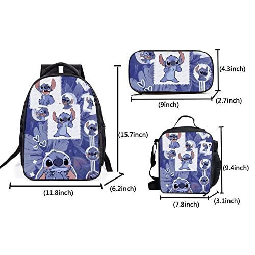 HIGOH Backpack Three-Piece Cartoon School Bag With Pencil Case Lunch Bag, Black