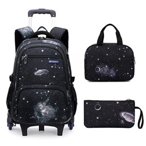 mildame galaxy print rolling backpack for school boys girls with lunch bag teens bookbag with wheels kids trolley bag set, six wheels