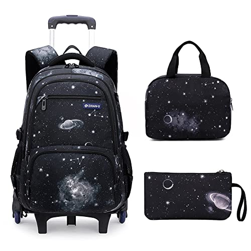 Mildame Galaxy Print Rolling Backpack for School Boys Girls with Lunch Bag Teens Bookbag with Wheels Kids Trolley Bag Set, Six Wheels