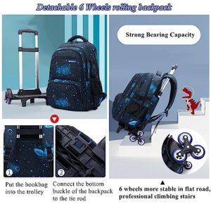 Mildame Galaxy Print Rolling Backpack for School Boys Girls with Lunch Bag Teens Bookbag with Wheels Kids Trolley Bag Set, Six Wheels