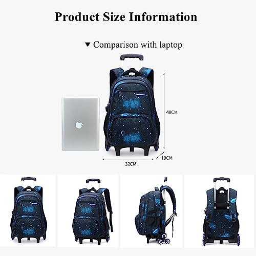 Mildame Galaxy Print Rolling Backpack for School Boys Girls with Lunch Bag Teens Bookbag with Wheels Kids Trolley Bag Set, Six Wheels