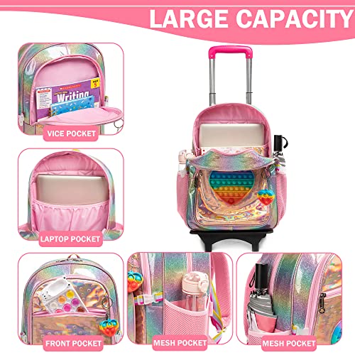 Meetbelify Girls Love Rolling Backpack with Wheels for Elementary Kindergarten Kids Suitcase Set Travel Laptop Luggage for Girls Ages 6-8