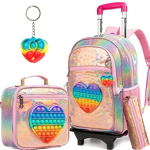 Meetbelify Girls Love Rolling Backpack with Wheels for Elementary Kindergarten Kids Suitcase Set Travel Laptop Luggage for Girls Ages 6-8