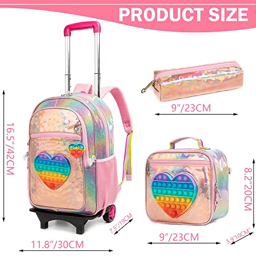 Meetbelify Girls Love Rolling Backpack with Wheels for Elementary Kindergarten Kids Suitcase Set Travel Laptop Luggage for Girls Ages 6-8