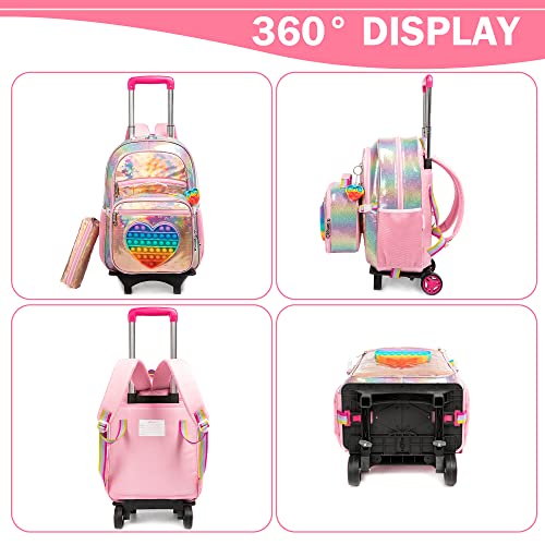 Meetbelify Girls Love Rolling Backpack with Wheels for Elementary Kindergarten Kids Suitcase Set Travel Laptop Luggage for Girls Ages 6-8