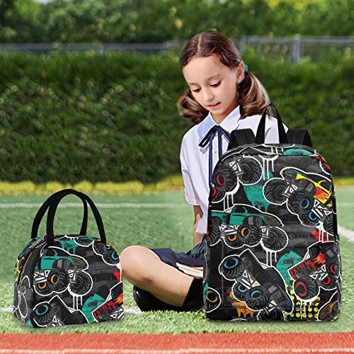 FOLIOSA Cartoon Monster Cars Kids Backpack Lunch Bag Set, Large Capacity Insulated Scratch-Resistant Backpack with Lunch Kit for School Work Suits for 6+ Years Teenager Boys Girls