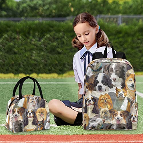 FOLIOSA Kid's Backpack Lunch Bag Set Dog To See Print， Large Capacity Insulated Scratch-Resistant Backpack with Lunch Kit for School Work Suits for 6+ Years Teenager Boys Girls