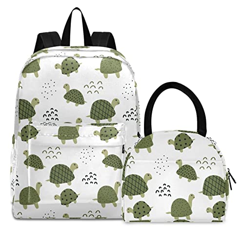 FOLIOSA Kid's Backpack Lunch Bag Set Green Turtle Print， Large Capacity Insulated Scratch-Resistant Backpack with Lunch Kit for School Work Suits for 6+ Years Teenager Boys Girls