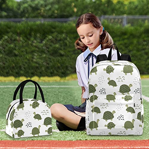 FOLIOSA Kid's Backpack Lunch Bag Set Green Turtle Print， Large Capacity Insulated Scratch-Resistant Backpack with Lunch Kit for School Work Suits for 6+ Years Teenager Boys Girls