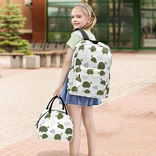 FOLIOSA Kid's Backpack Lunch Bag Set Green Turtle Print， Large Capacity Insulated Scratch-Resistant Backpack with Lunch Kit for School Work Suits for 6+ Years Teenager Boys Girls