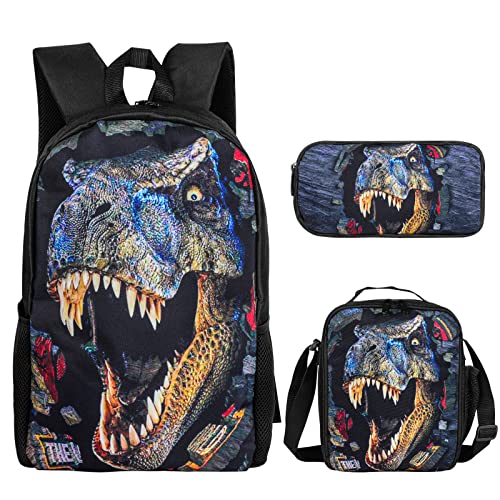 Cool 3D Printing Dinasaur School Backpack For Boys Girls School Book Bags + Pen Bag + Lunch Bag (Dinasaur School Backpack A)