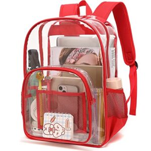 dezcrab clear backpack school backpack bookbag for girls boys women men, heavy duty see through transparent backpacks (red)