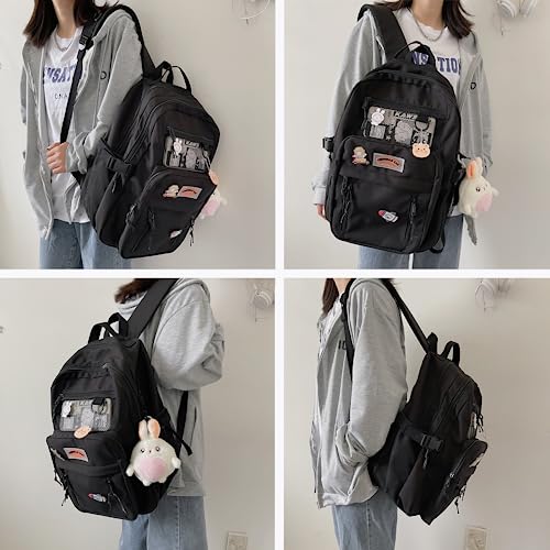 YJMKOI Kawaii Backpack for Girls with Pins Primary School Backpack Sweet and Cute Girl School Bag Kids BookBag， Black