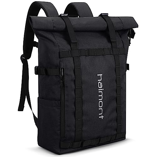 Haimont Rolltop Backpack for Men Women Water-Resistant Carry on Travel Backpack Casual Daypack with Laptop Compartment for Work Trip Hiking, 20L, Black